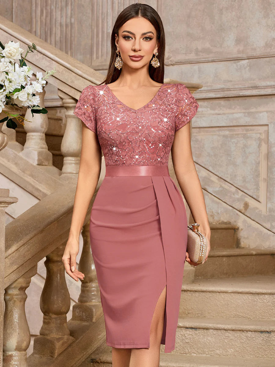 Vestido de cóctel con escote en V, mangas cortas, lentejuelas y encaje