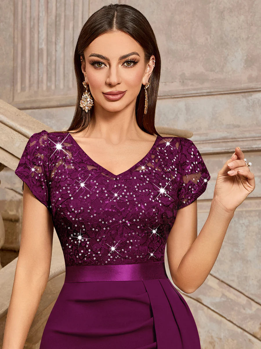 Vestido de cóctel con escote en V, mangas cortas, lentejuelas y encaje