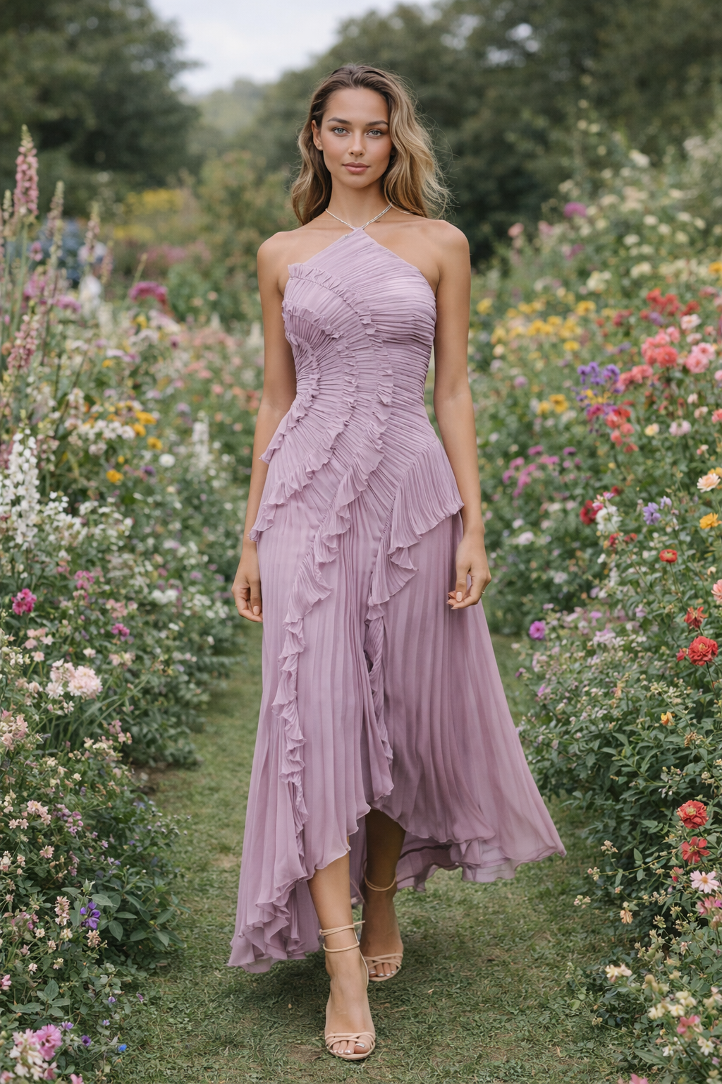 VESTIDO CON VOLANTES ESCOTE HALTER 