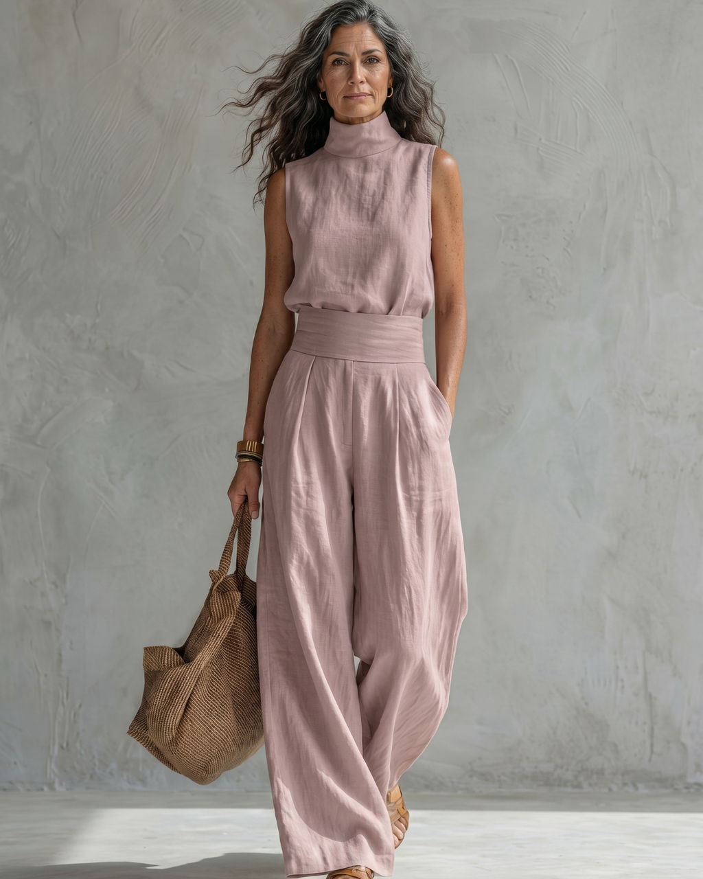 Maria | Conjunto Top y Pantalón Ancho Algodón Lino Rosa