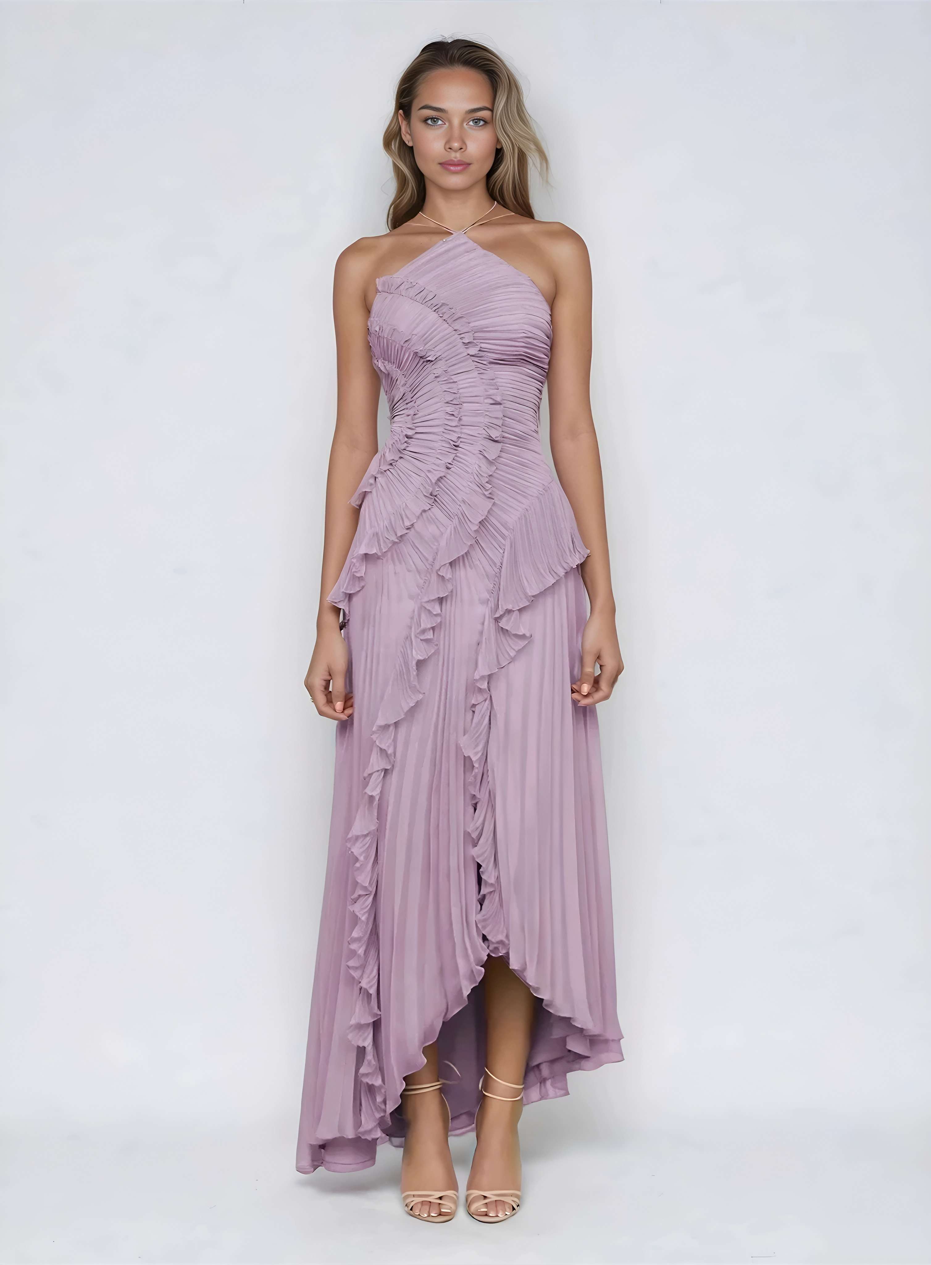VESTIDO CON VOLANTES ESCOTE HALTER 