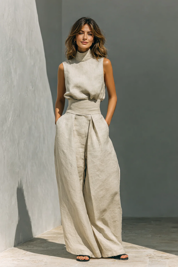 Guadalupe- Conjunto de camiseta sin mangas y pantalones anchos de algodón y lino, de estilo minimalista