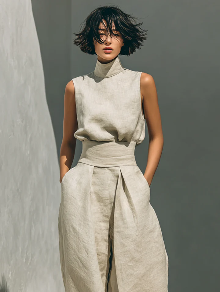María - Conjunto de top y pantalón ancho de algodón y lino.