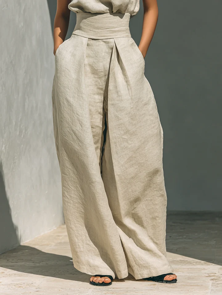María - Conjunto de top y pantalón ancho de algodón y lino.