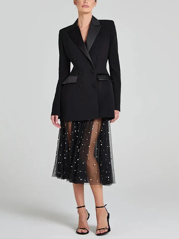 Sofia | Blazer reversible de satén negro con doble hilera de botones