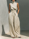 María - Conjunto de top y pantalón ancho de algodón y lino.