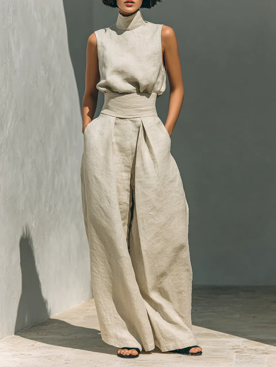 María - Conjunto de top y pantalón ancho de algodón y lino.