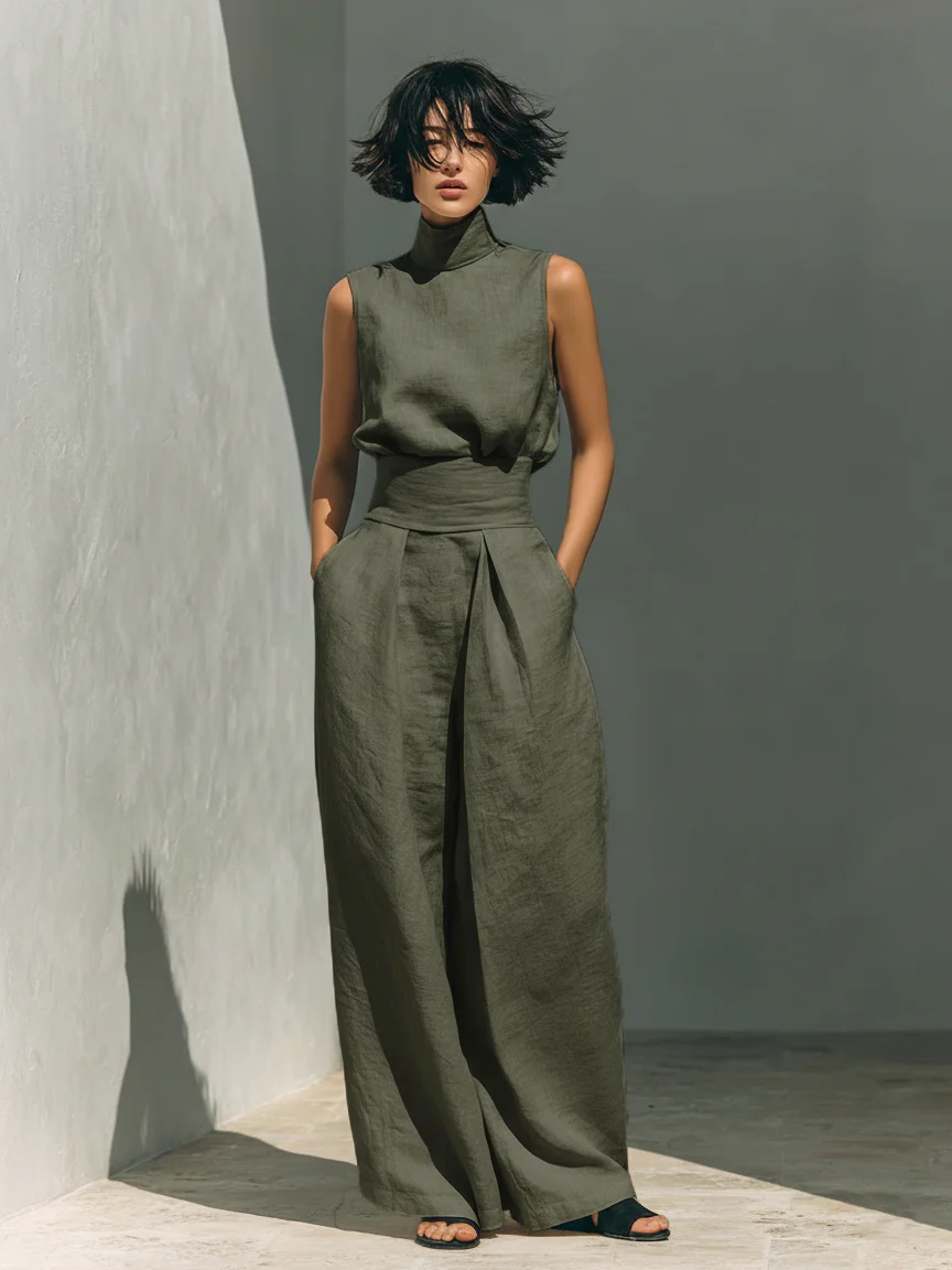 María - Conjunto de top y pantalón ancho de algodón y lino.