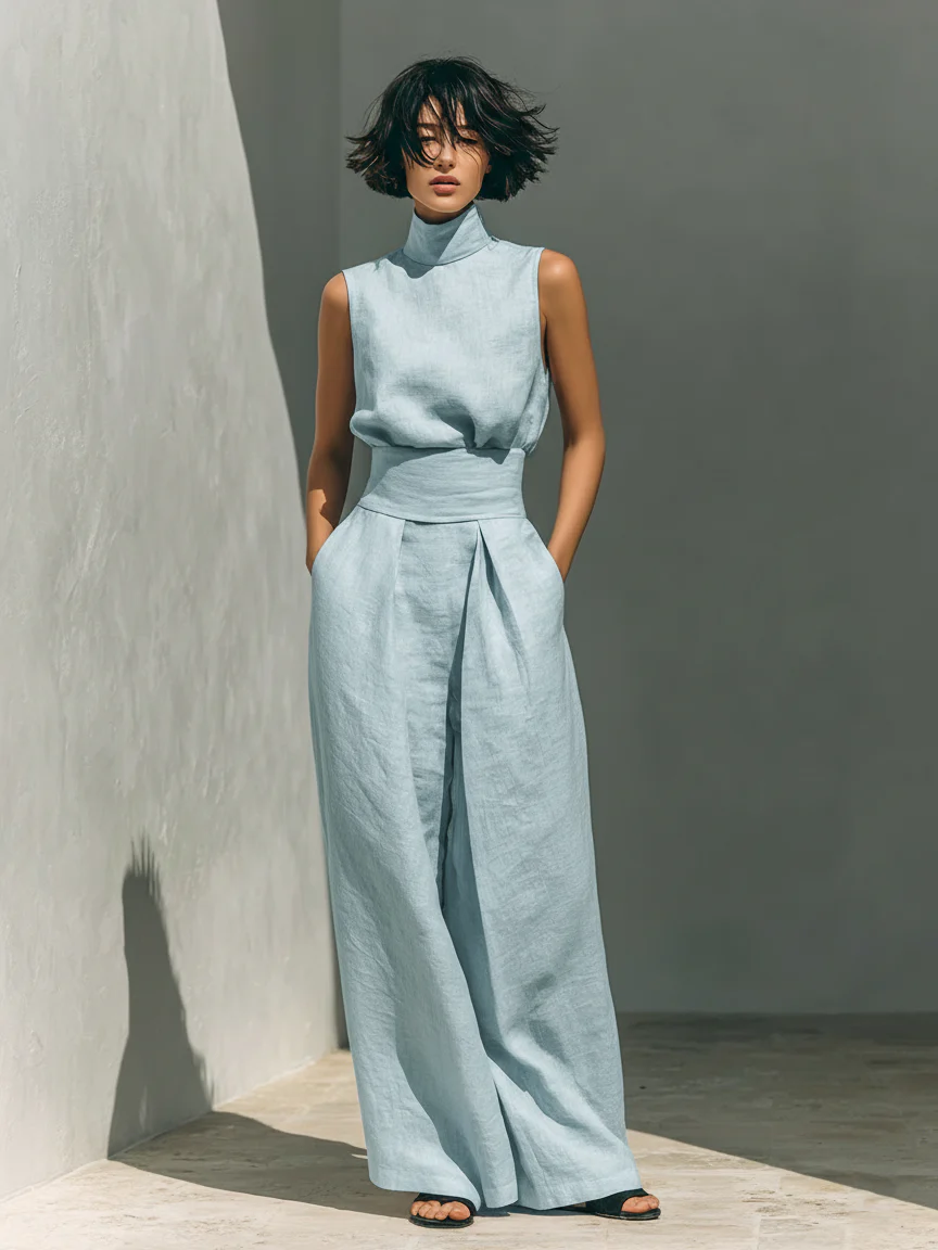 María - Conjunto de top y pantalón ancho de algodón y lino.