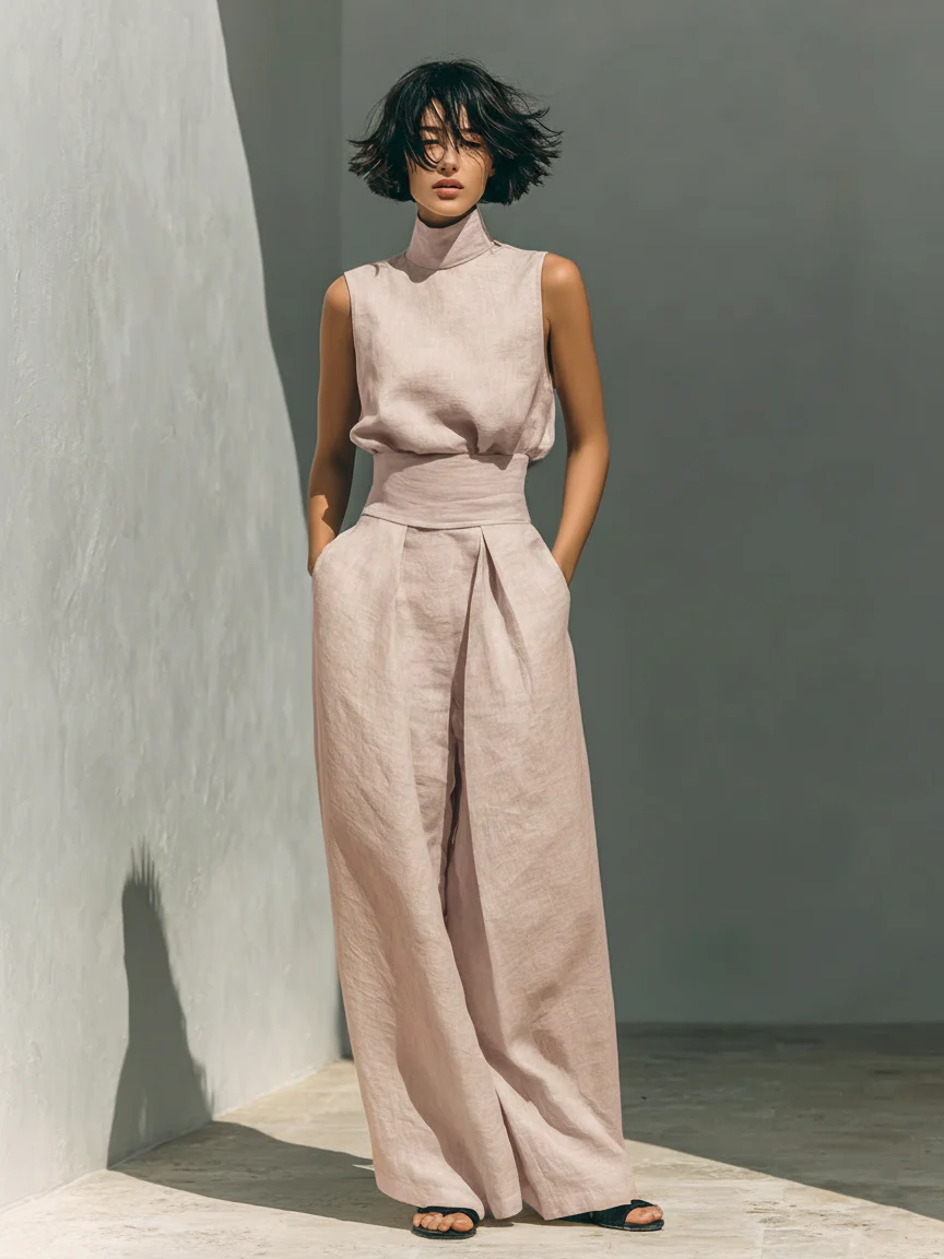 María - Conjunto de top y pantalón ancho de algodón y lino.