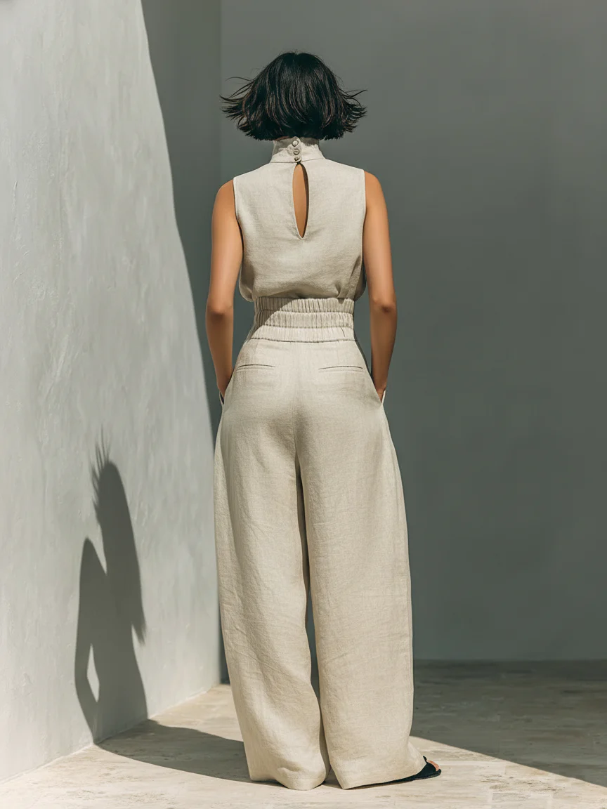 María - Conjunto de top y pantalón ancho de algodón y lino.